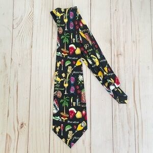 Vintage 90s Nicole Miller Silk Novelty Print Tie Colorful Graphic Paradise